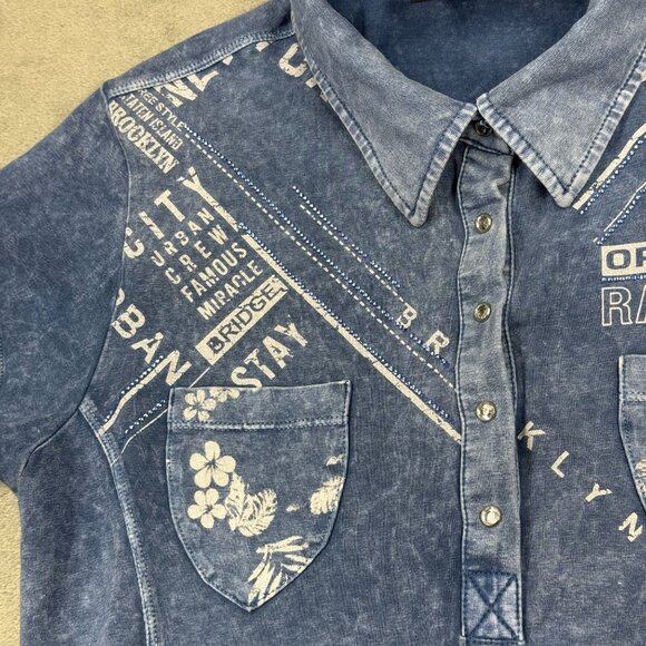 RARE G-Star Raw Womens Rhinestone Western Denim Stone Wash Polo Shirt Y2K Ombre - Picture 7 of 10